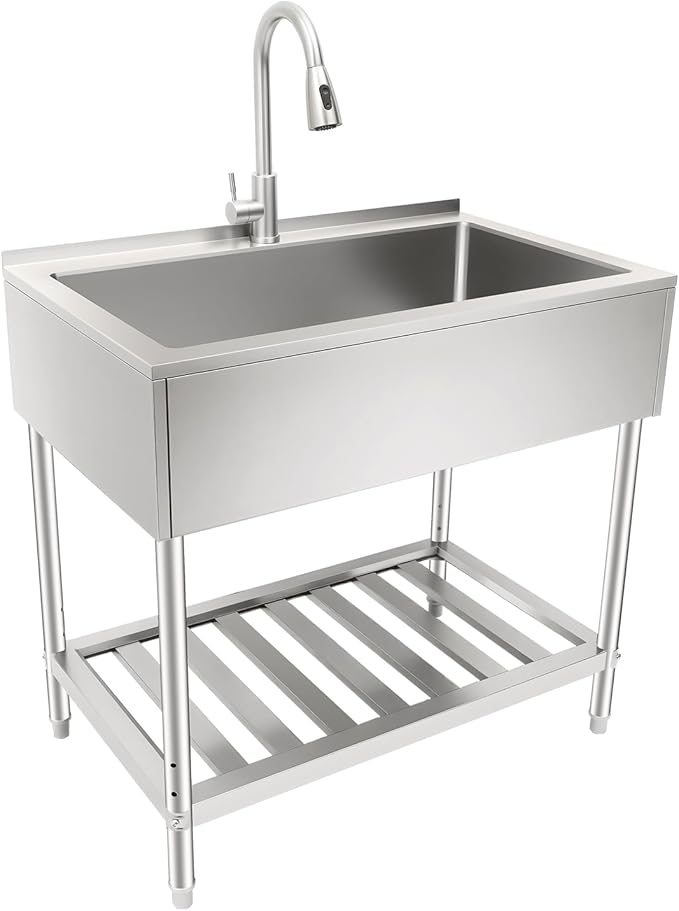 LOYALHEARTDY Stainless Steel Utility Sink 35.8" with Hose Hook Up ，Heavy-Duty Outdoor Sink Station for Laundry/Camping/Outdoor Kitchen, 201 SS Hand Washing Station & Kitchen Basin