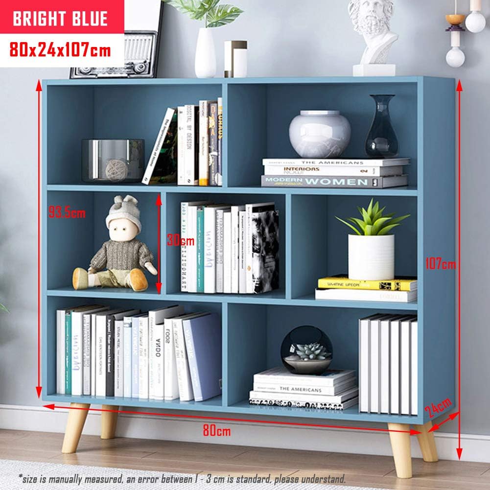 IOTXY Wooden Open Shelf Bookcase - 3-Tier Floor Standing Display Cabinet Rack with Legs, 7 Cubes Bookshelf, Bright Blue