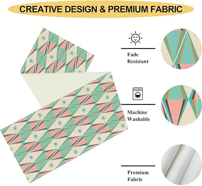 Geometric Table Runner, Retro Mid Century 1950s Modern Abstract Teal Pink Checkboard Coffee Table Center Decor for Home Kitchen Dining Patio Holiday Party Table Decorations, 13"x72" Inch
