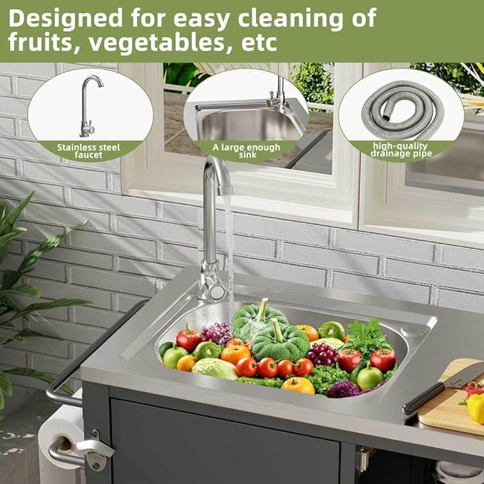Outdoor Grill Cart with Storage, Movable Prep Cart with 304 Stainless Steel Sink and Wheels 3-Shelf Outdoor Kitchen Prep Table Pizza Oven Stand,BBQ Cart (38" x 18" x 35")