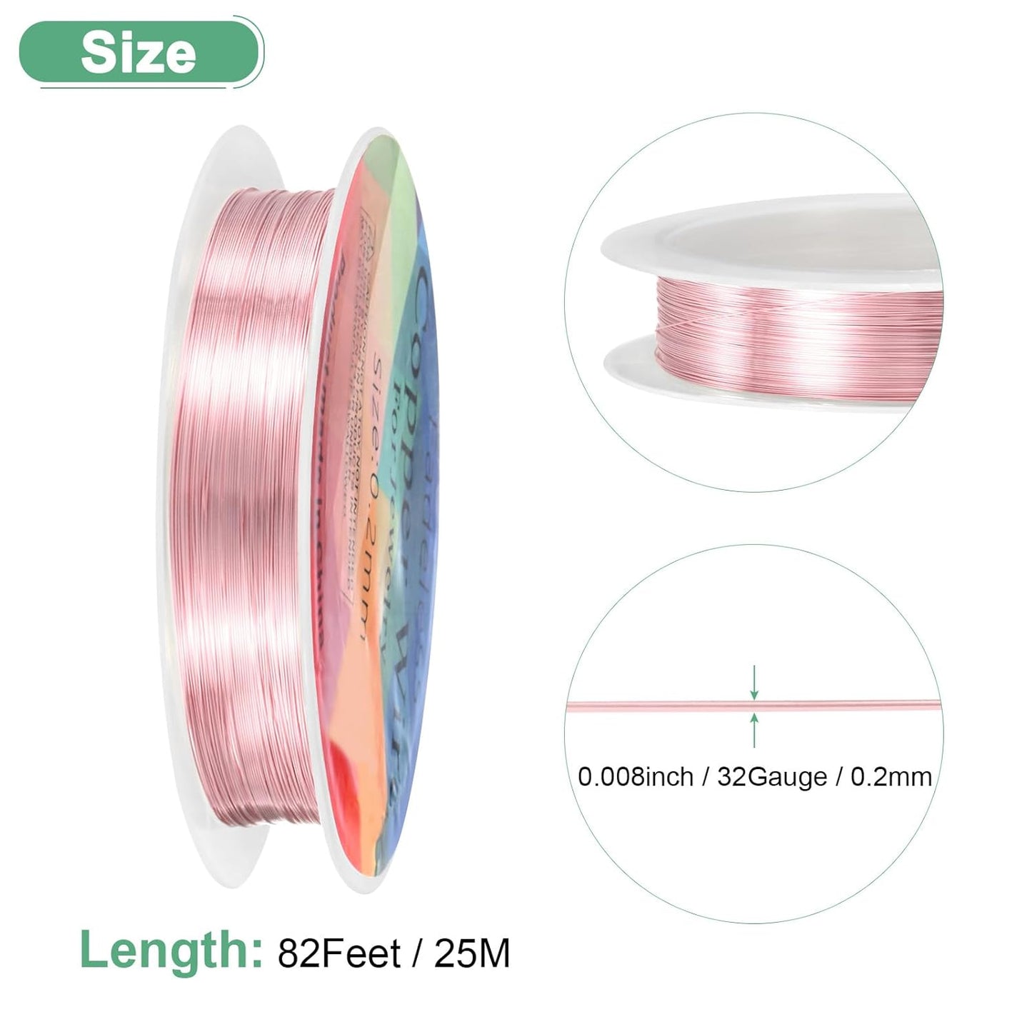 0.2 mm/32 Gauge Copper Wire for Jewelry Making, 82FT Copper Beading Craft Wire for Jewelry/Weaving/DIY Crafting/Planting, Color-Retaining [25M, Rose Gold]