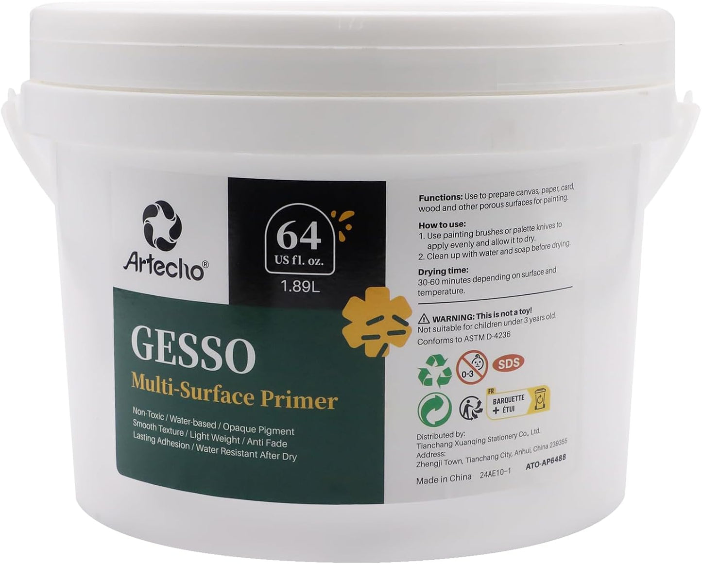 Artecho White Gesso 64oz / 1.89L, Gesso Primer for Acrylic Painting