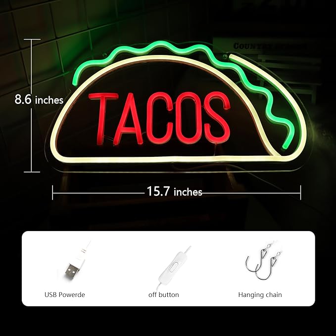 JFLLamp Tacos Neon Signs for Wall Decor Neon Lights for Tortilla Shop Led Signs Suitable for Mexican Restaurant Bar Unique Gift for Lover 5V Usb Power 15.8 * 8.7 Inch(Red + Green + Warm White)