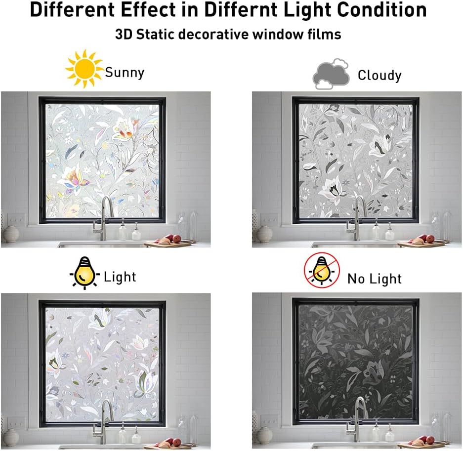 NINETREX Window Privacy Film,3D Stained Glass Window Film,Decorative Window Covering Sun Blocking Vinyl Static Cling Anti-UV Heat Control for Home Decor,Tulip 35.4 x 157.4inch