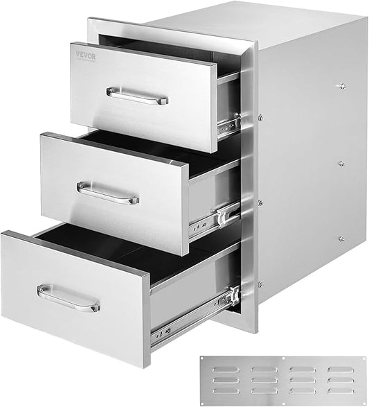 VEVOR Outdoor Kitchen Drawer Cabinets 16" W x 21.5" H x 18" D, BBQ Drawer Stainless Steel, Flush Mount Triple Access, with Handle, BBQ Island, Outdoor Grill Patio Grill Station