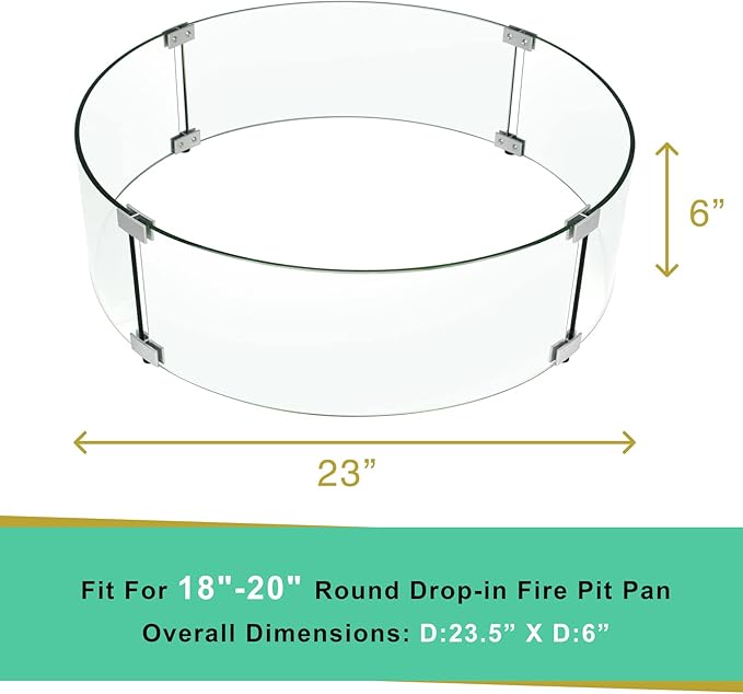 Holy Fire 23" x 6" Round Fire Pit Glass Wind Guard Clear Tempered Glass Flame Protective Pane Wind Resistant - Fits 19” Round Fire Pit Burner Pans