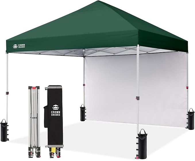 CROWN SHADES 8x8 Pop up Canopy Instant Canopy with 1 Removable Sidewall,4 Ropes & 8 Stakes, STO'N and Go Bag, Forest Green