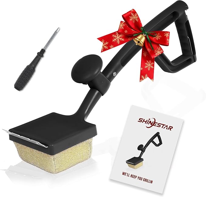 SHINESTAR Steam Grill Brush Bristle Free - Replaceable Cleaning Head with Unique Seamless-Fit Scraper, Durable Safe BBQ Cleaner for Cast Iron, Stainless-Steel & Various Grill Grate Types-Black