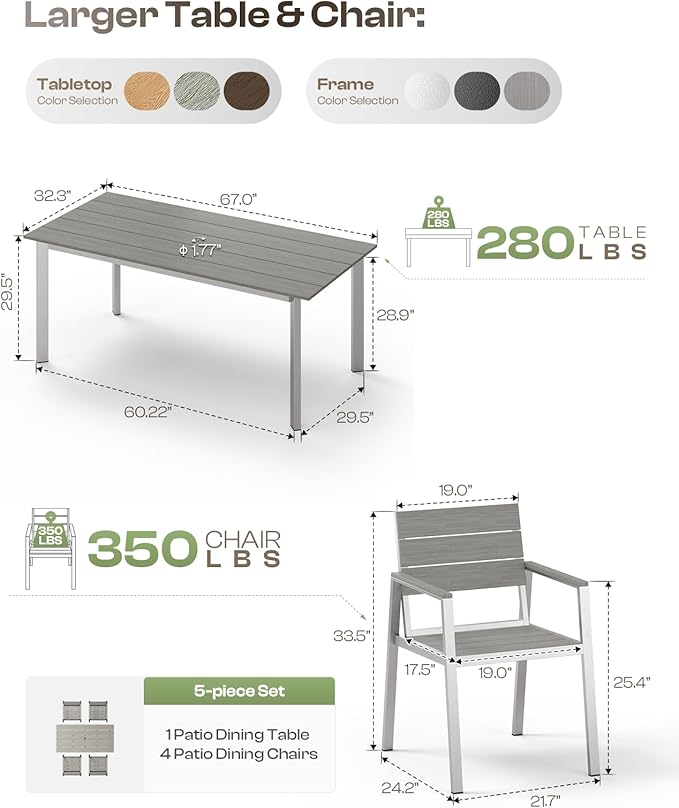 67" Rectangle HDPS Patio Dining Table, Aluminum Outdoor Patio Dining Table with Umbrella Hole, Weather-Resistant for Lawn, Garden, Yard, Poolside and Indoor Use (Gray & Teak)