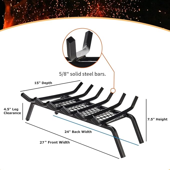 Heavy-Duty Steel Fireplace Grate with Ember Retainer (27 Inch)