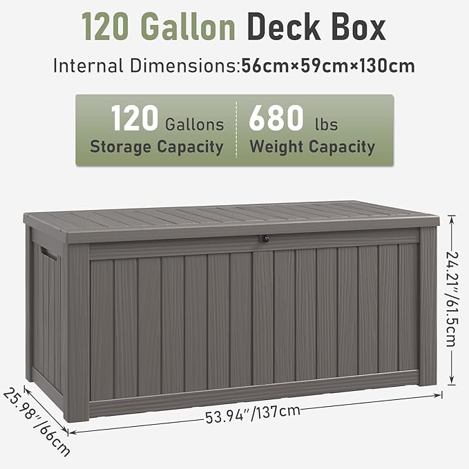 NUNU LAB 120 Gallon Outdoor Storage Box,Resin Large Sturdy Deck Box, Backyard Outside Storage Box Waterproof with Double Wall Panels,Package Delivery Garden Outdoor Hose