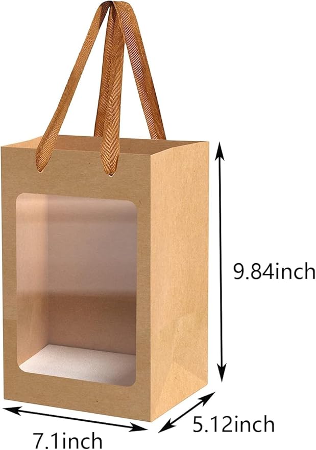 6 Pcs Brown Paper Gift Bags with Transparent Window, 9.84"x7.0"x5.12" Kraft Shopping Bags with Handles for Bouquet Christmas Birthdays Festivals Party Weddings Wrapping