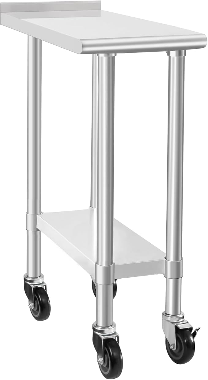 HARDURA Stainless Steel Commercial Work Table with Wheels Prep & Work Metal Table 30×12 Inches Heavy Duty NSF with Casters and 2" Backsplash