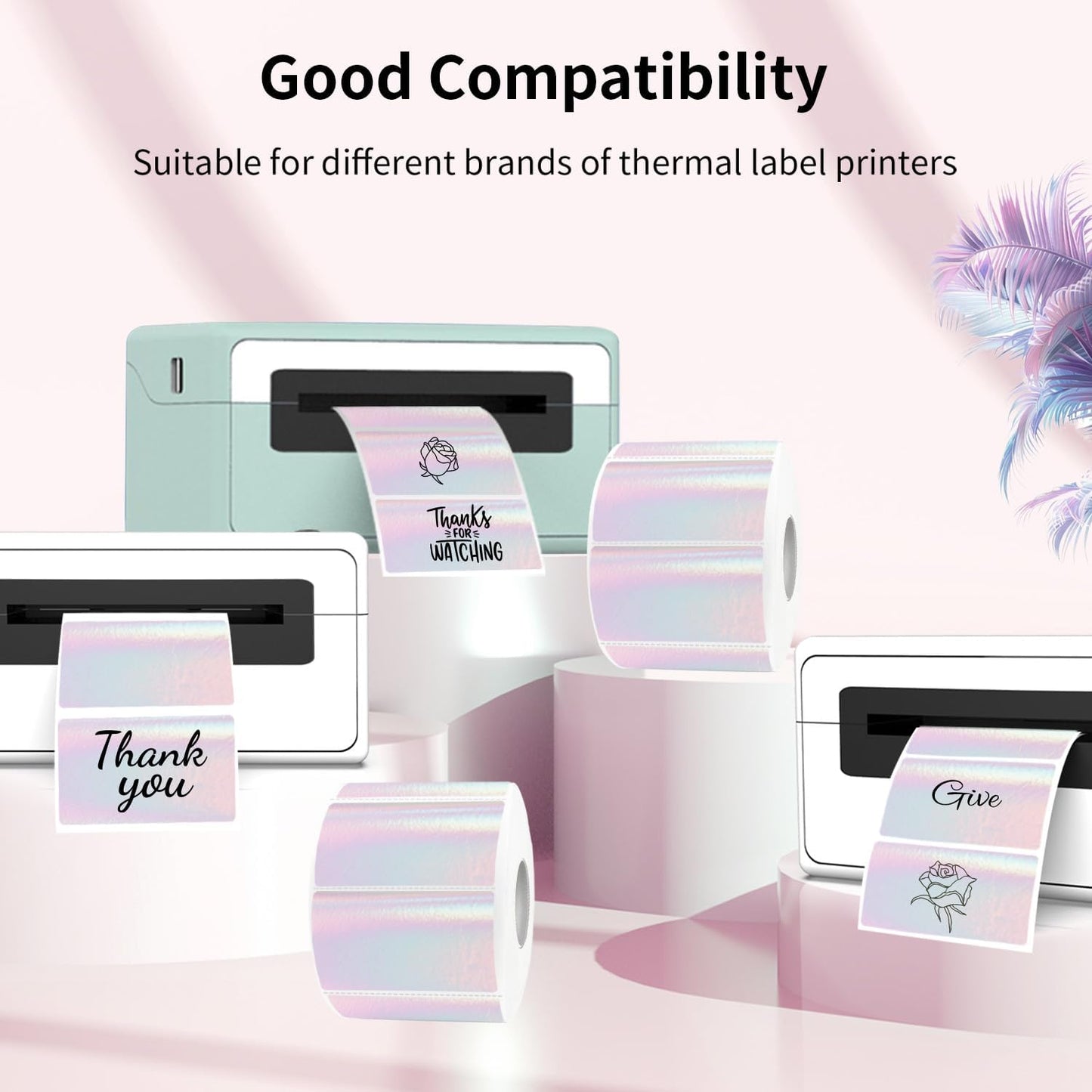 Transparent Clear Thermal Label Stickers, 2 x 1 Inch Printable Transparent Stickers, Holographic Pink Direct Clear Thermal Labels, Perforation Line Design- 200 Sheets