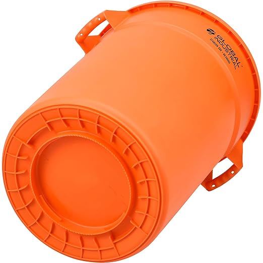 Global Industrial Commercial Round Trash Can, 32 Gallon Capacity, Plastic Garbage Can, Indoor and Outdoor Utility Trash Can, Bright Orange, 21-3/4"W x 27-1/2"H, No Lid