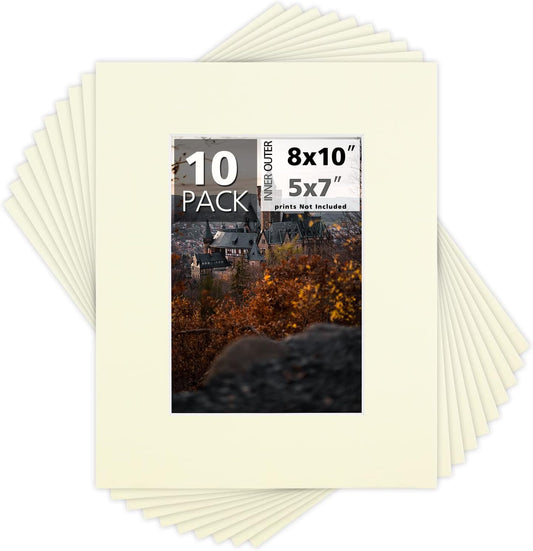 Mat Board Center, Pack of 10, 8x10 for 5x7 Ivory Color Mats - Bevel Cut, Acid Free, 4-ply Thickness, White Core - for Pictures, Photos, Framing