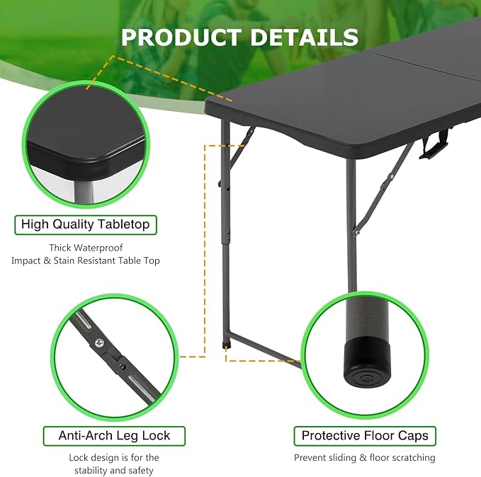 BestOffice 4 FT Picnic Table Folding Table Camping Plastic Table Fold Up Table Lock for Party Event, Black