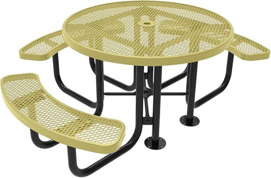 COATEDOUTDOORFURNITURE Heavy-Duty Portable Outdoor Picnic Table with Umbrella Hole, Expanded Metal Patio Dining Furniture Made in America (46" Round Top, Textured Sand)