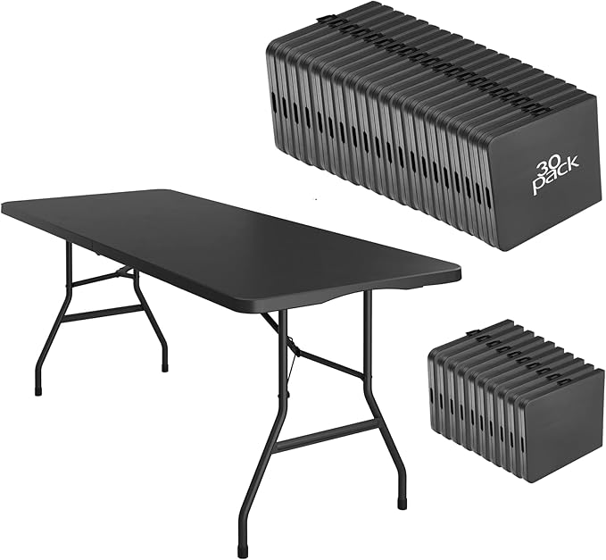 30 Pack of 6 Foot Foldable Table with Built in Handle & Steel Legs ,Heavy Duty Portable ,Perfect for Party, Dining, Wedding, Events, Picnic Indoor, Outdoor, Camping, Utility, Folding(Black-30pac)