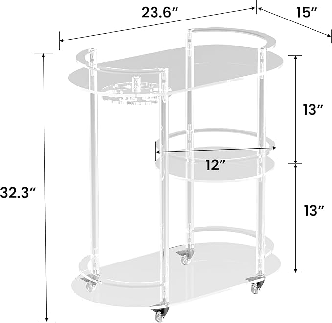 Dethan Acrylic Bar Cart with 4 Lockable Wheels, Clear 3-Tier Rolling Serving Cart with Glass Holder, Oval Modern Home Beverage for Kitchen, Dining Living Room, Space-Saving, 15" D x 23.6" W x 32.3" H