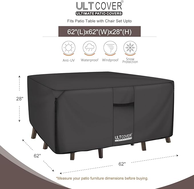 ULTCOVER 600D Tough Canvas Heavy Duty Square Patio Table and Chair Cover - Waterproof Outdoor General Purpose Furniture Covers 62 inch, Black