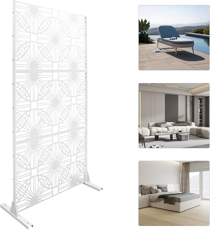 Patio Privacy Screen,Patio Privacy Divider with Stand, Decorative Privacy Fence Screen for Garden Backyard Balcony,Outdoor Decorative Panels for Balconies, Courtyards,Swimming Pools (Flower White)