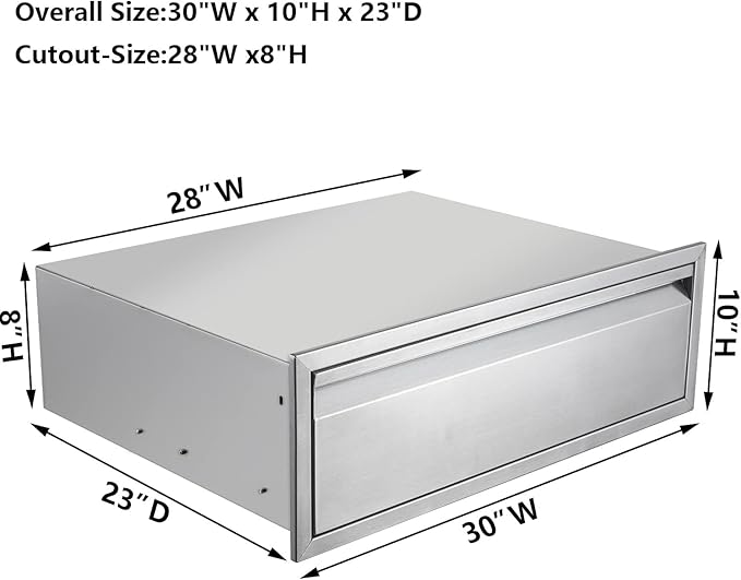 Extra-Larger 30" W Outdoor Kitchen Drawer Stainless Steel BBQ Single Drawer w/Divider Flush Mount for Outdoor Kitchen Island(Overall Size:30" W x 10" H x 23" D inch)