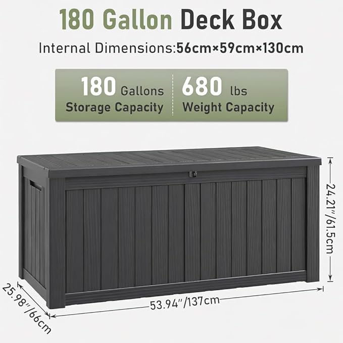 NUNU LAB 180 Gallon Outdoor Storage Box,Resin Large Sturdy Deck Box, Backyard Outside Storage Box Waterproof with Double Wall Panels,Package Delivery Box,Garden Box,Tool Box,Outdoor Hose Storage Bin