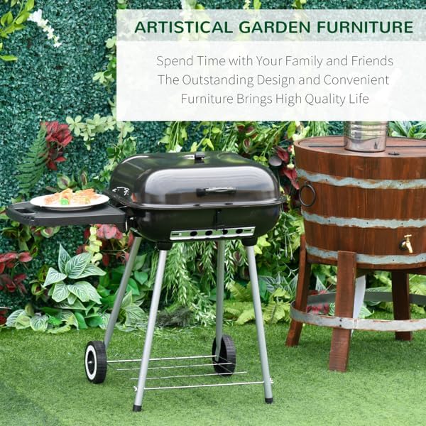 Portable Charcoal Grill with Wheels, 21-Inch BBQ Kettle Grill with Foldable Side Shelf & Warming Rack, Porcelain-Enameled Locking Lid & Adjustable Air Vent for Outdoor Camping, Patio, Backyard, Black