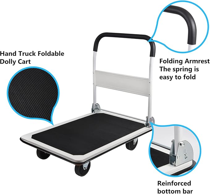 LEADALLWAY Platform Truck Large Size 880lbs Heavy Duty Foldable Push Cart 35.8x24x34.3inches White with 2 Ropes