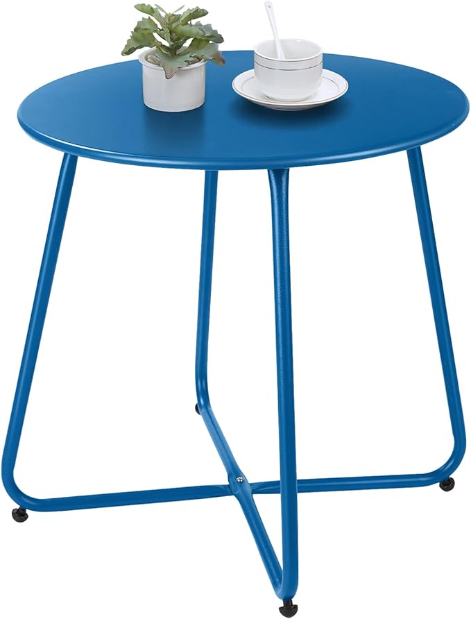 Patio Outdoor Side Table Waterproof Round Metal Steel Small Side Table Weather Resistant Portable Outdoor and Indoor End Table for Garden Balcony Yard, Navy Blue