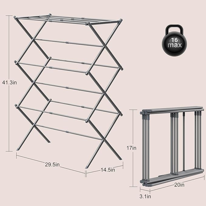 Drying Rack for Laundry, Foldable Clothes Drying Rack, Small Collapsible Dry Rack for Clothes, Use for Indoor & Outdoor Drying Clothes, 40"x29"x14.5" (Grey)