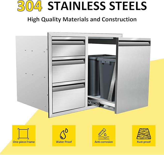 Outdoor Kitchen Door Drawer Combo Cabinet 28" W x 22" H x 19.5" D Stainless Steel Built-in Triple Drawers&Right Trash Drawer Combo Cabinet for Outdoor Kitchen Island, Patio Grill Station