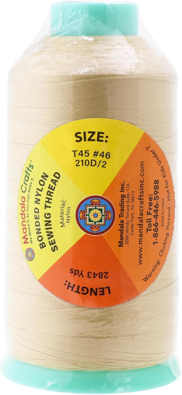 Mandala Crafts Bonded Nylon Thread Cream Heavy Duty Sewing Threads - 2843 YDs Size 46 210D T45 Tex 45 Thread for Leather Jeans Weaving Outdoor Marine Upholstery Threads