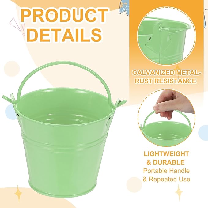 Small Metal Buckets, Mini Buckets with Handle Galvanized Colored Tin Pail Containers Basket Party Supplies - Fit for (Halloween - Classroom Crafts) 2.7" & 10Pcs & Light Green