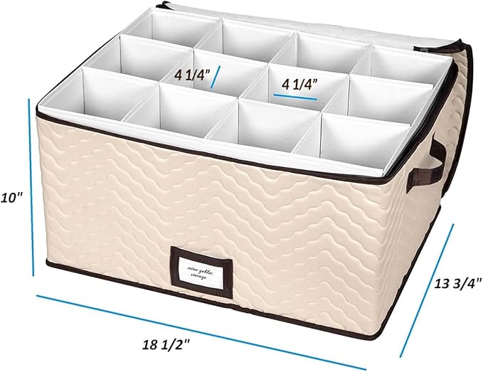 Wine Glass Storage Box with Dividers - Stemware Storage Case, Durable Quilted Microfiber Bin with Carry Handles, Protects Fine China - (1 Pack, Red Wine Glass)
