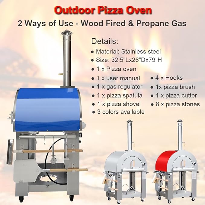 32.5" Wood Fired & Propane Gas Pizza Oven with Waterproof Cover, Large Outdoor Oven with Open Shelf and Wheels for BBQ, Grilling, Stainless Steel Pizza Oven for Outdoor, Backyard and Party (Blue)