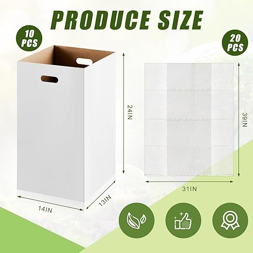 10 Pack 30 Gallon Recycling Bins Cardboard Trash Cans Disposable and Reusable Corrugated Cardboard Cans Bulk with 20 Garbage Bags for Parties Events(20 Gallon)