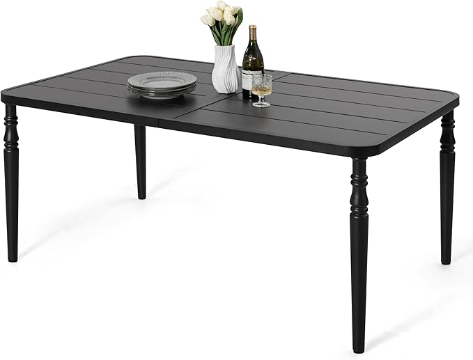 NUU GARDEN Weather-Resistant Outdoor 61” x 37” Rectangle Metal Dining Table with Umbrella Hole, Powder-Coated Frame, Slatted Tabletop, for Patio, Garden, Backyard and Balcony, Black