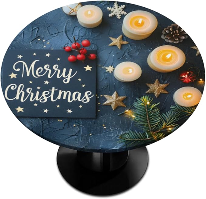 Merry Christmas Candle Star Round Table Cloth Cover, Elastic Edge Waterproof Wipeable Tablecloths 36"-42" Polyester Tablecloth for Party Restaurant Banquet Holiday Camping Outdoor Picnic