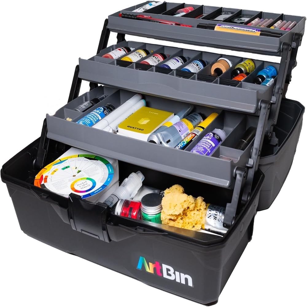 ArtBin 3-Tray Art Supply Box Versatile Organizer for Brushes, Paints, Stamps, and More - Durable Hard Plastic, Secure Closure, Portable with Top Trays and Dividers