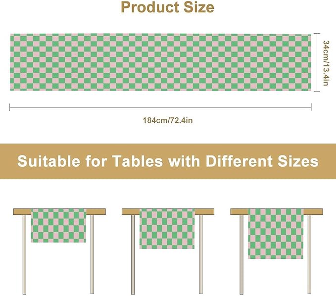 Retro Checkered Table Runner, Cute Pink Green Checkerboard Vintage Hippie Modern Aesthetic Table Runner for Party Kitchen Dining Home Outdoor Banquet 13x70in