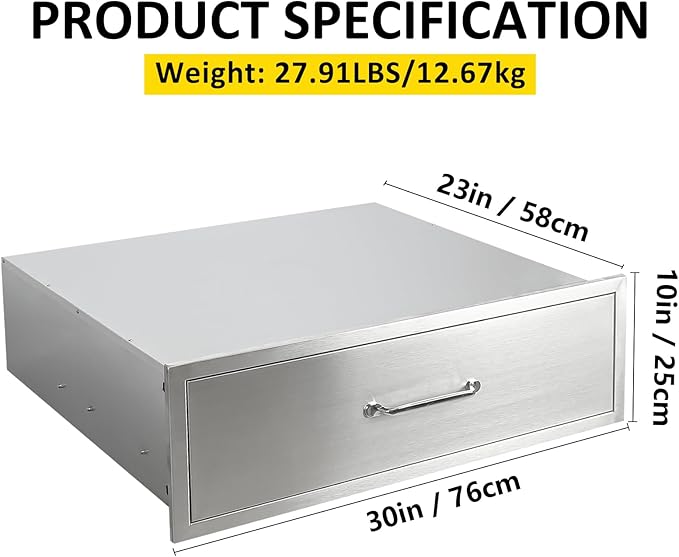 Outdoor Kitchen Drawers 30" W x 10" H x 23" D Flush Mount BBQ Single Drawers with Divider,Built-in Stainless Steel Drawer with Chrome Handle for Outdoor Kitchen Island Patio Grill Station