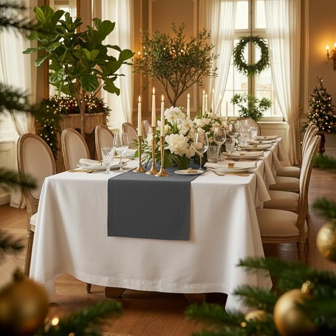 D'Moksha Homes Linen Table Runner 60 Inches - 100% Pure Linen Charcoal Grey Table Runner 14 x 60 Inch for Coffee Tables, Dresser, Winter, Holiday - Machine Washable
