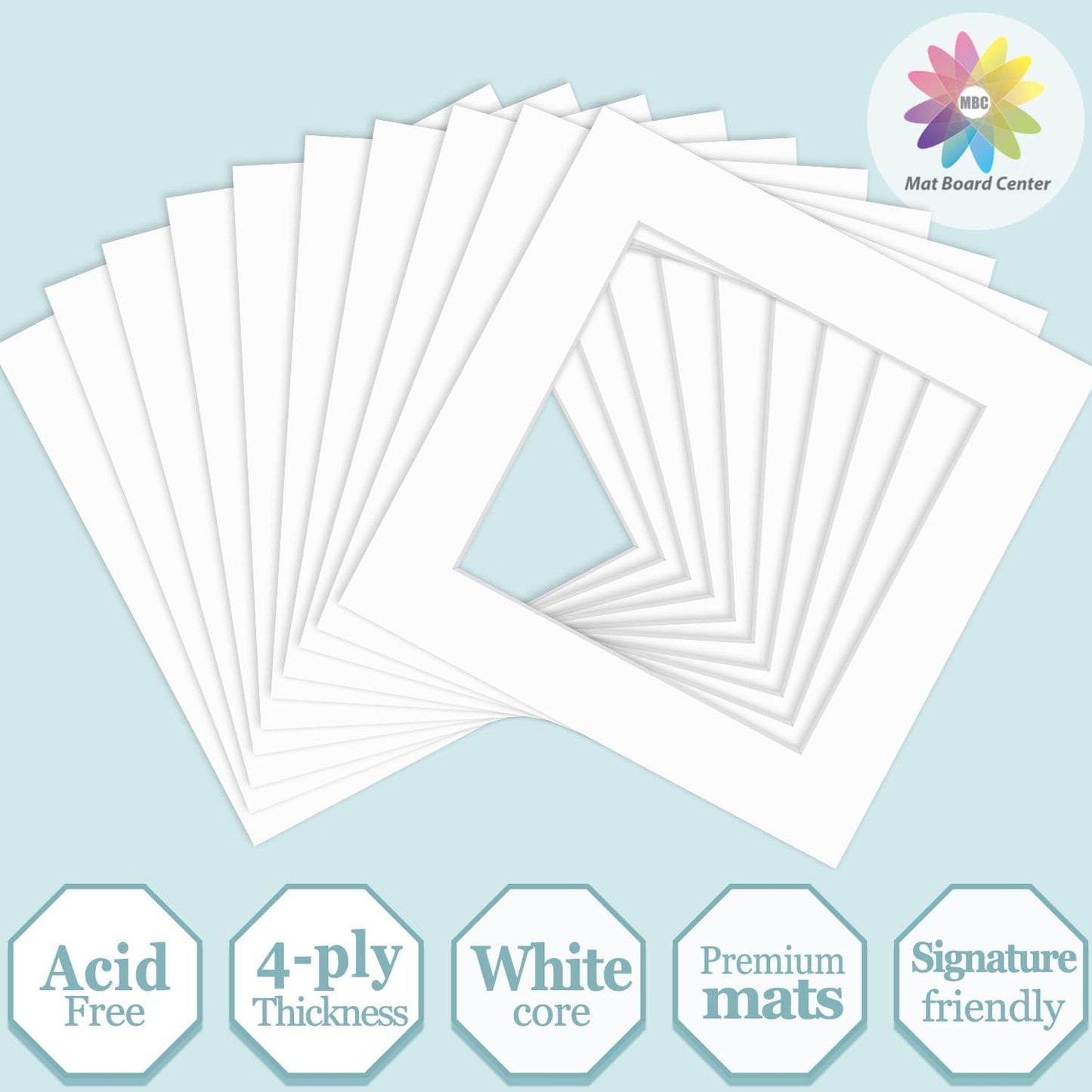 MBC Mat Board Center, 10 Pack 8x8 for 6x6 White Picture Mats Frame Mattes, Bevel Cut, Acid Free, 4-ply Thickness