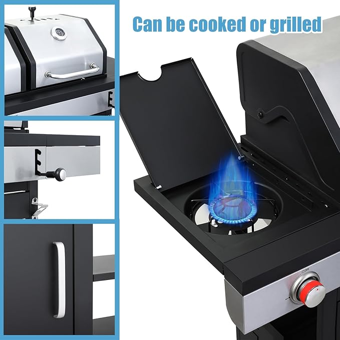Gas and Charcoal Combo Grill, 37230 BTU 2-in-1 Outdoor BBQ, Dual Zone Cooking with Thermometer, Locking Wheels & Foldable Side Table for Patio and Garden Use(3+1 Burner + Charcoal grill)