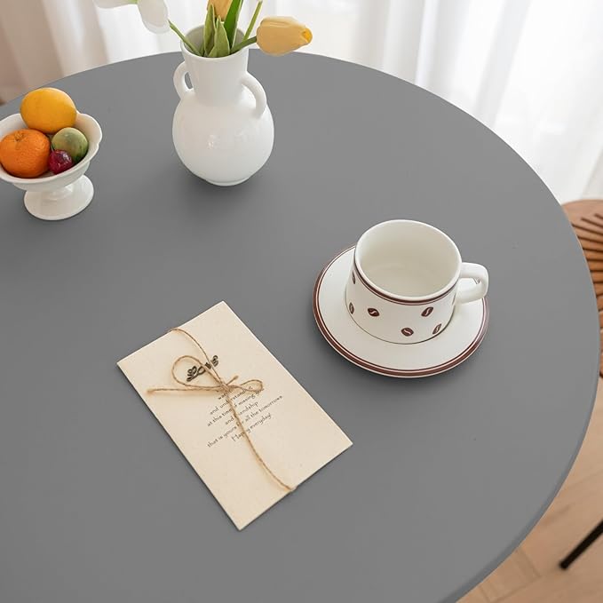 Round Fitted PU Tablecloth with High Elastic Edge 63 Inch Dia Waterproof Oil Proof Table Cloth Anti-Scald Stain-Resistant Wipeable Table Cover for Indoor Outdoor Picnic (Light Grey,63" Dia)