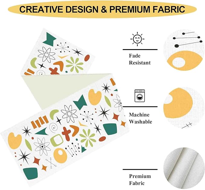 Mid Century Table Runner, Retro 1950s Atomic Pattern Modern Abstract Geometric Coffee Table Center Decor for Home Kitchen Dining Patio Holiday Party Indoor Outdoor Table Decorations, 13"x36" Inch