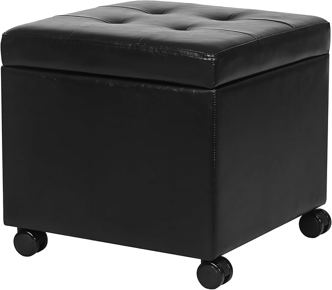 Homebeez Leather Storage Ottoman with Steerable Rolling Wheels, 17.9" Square Small Foot Rest Stool Tufted Cube Footstool with Hinged Lid, Load 300 lb, for Living Room, Bedroom, Entryway, Black