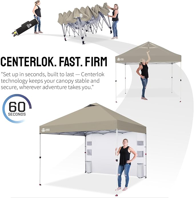 CROWN SHADES Canopy Tent 10x10 Pop Up Canopy Outdoor Shade with Pockets Sidewall, Easy Up Sun Shelter with One Person Set Up Center Lock, Portable Instant Camping Beach Canopy Tents, Beige